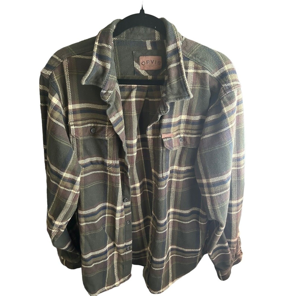 Orvis Men's Size Large Shirt Heavyweight Flannel Plaid Button Up Shacket Pockets